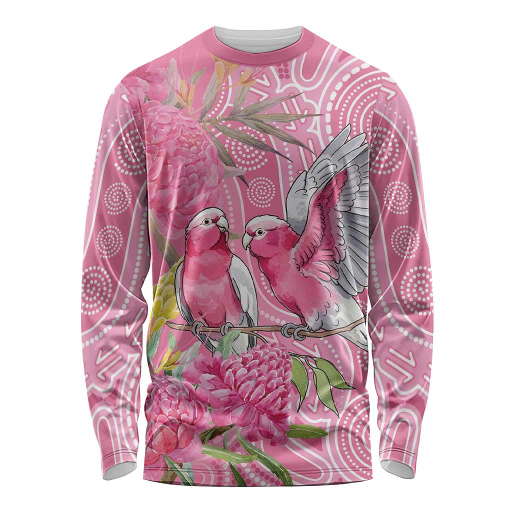Australia Pink Galah Long Sleeve Shirt Rose-breasted Cockatoo Waratah Indigenous Art - Aussie Hoodie
