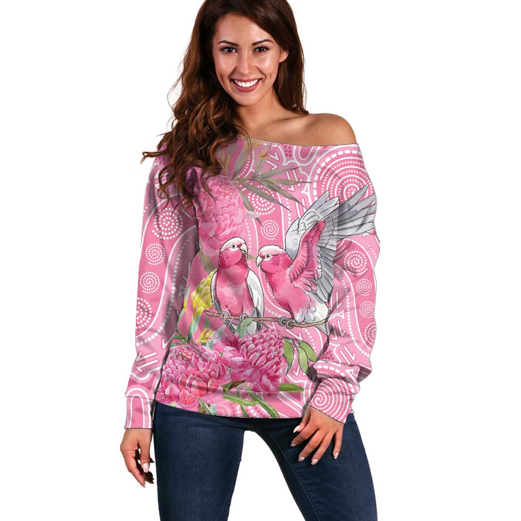 Australia Pink Galah Off Shoulder Sweater Rose-breasted Cockatoo Waratah Indigenous Art - Aussie Hoodie