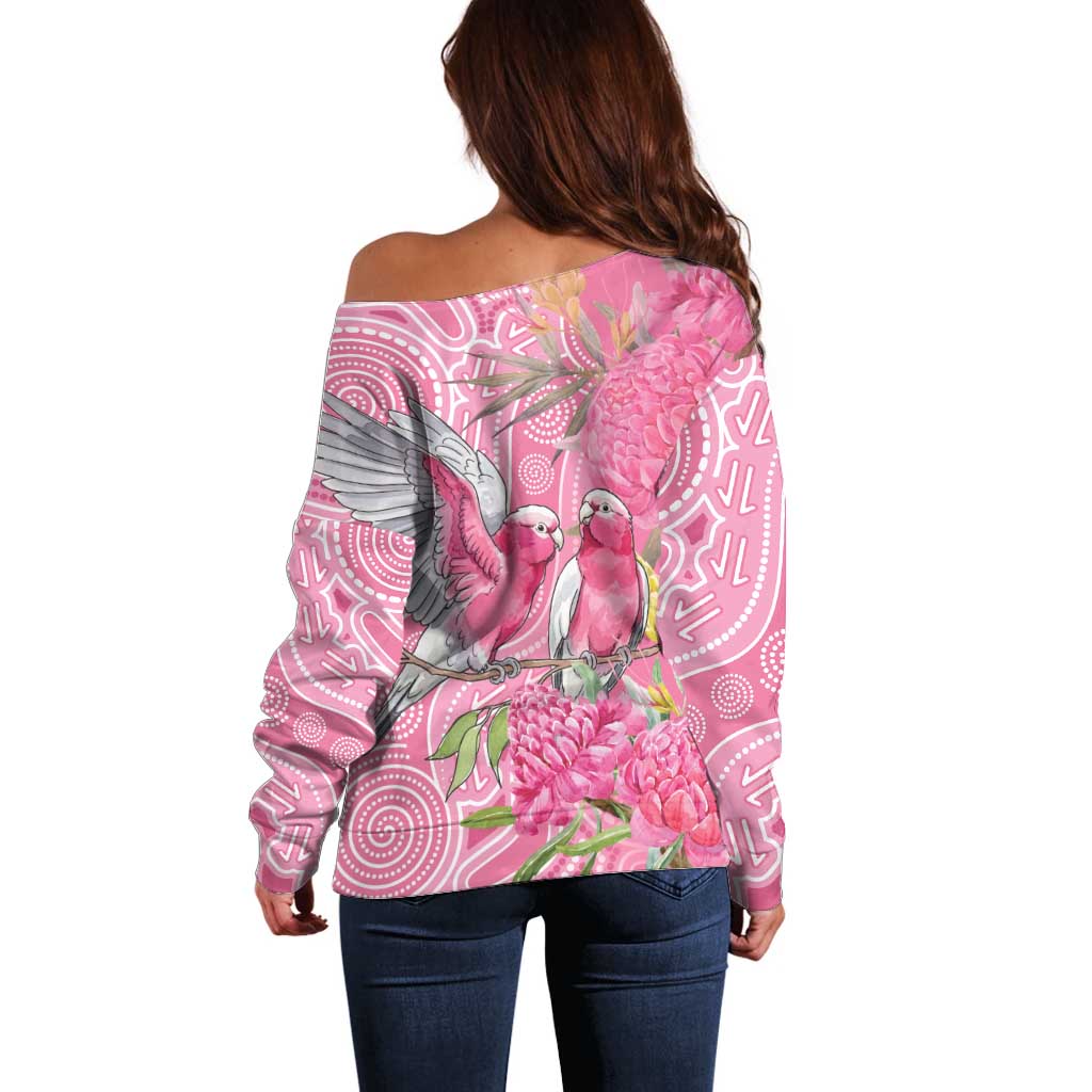 Australia Pink Galah Off Shoulder Sweater Rose-breasted Cockatoo Waratah Indigenous Art - Aussie Hoodie