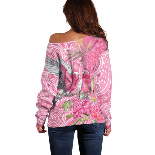 Australia Pink Galah Off Shoulder Sweater Rose-breasted Cockatoo Waratah Indigenous Art - Aussie Hoodie