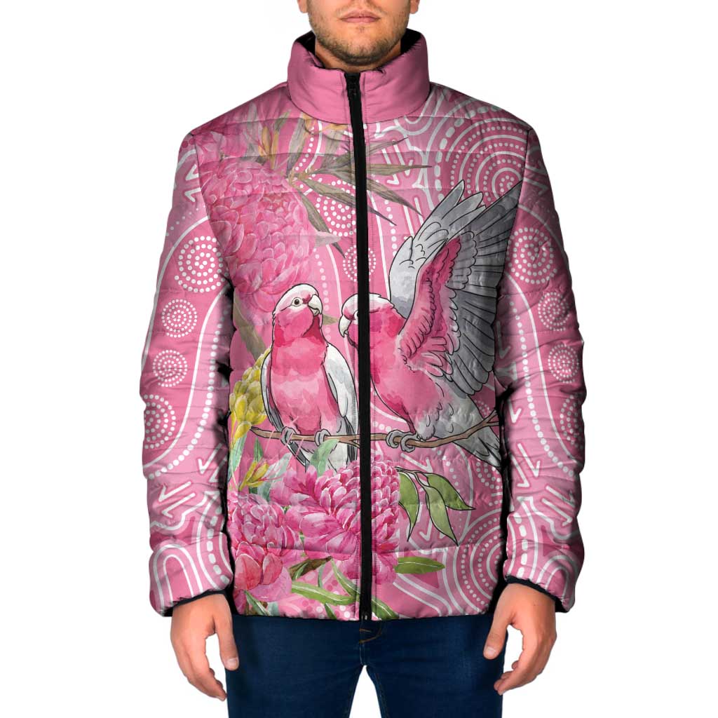 Australia Pink Galah Padded Jacket Rose-breasted Cockatoo Waratah Indigenous Art - Aussie Hoodie