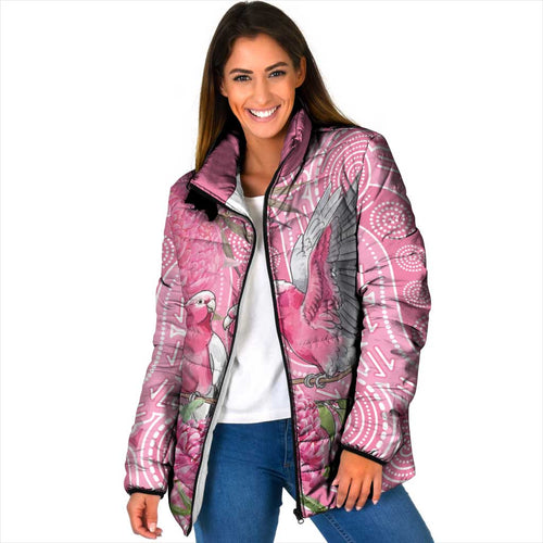 Australia Pink Galah Padded Jacket Rose-breasted Cockatoo Waratah Indigenous Art - Aussie Hoodie