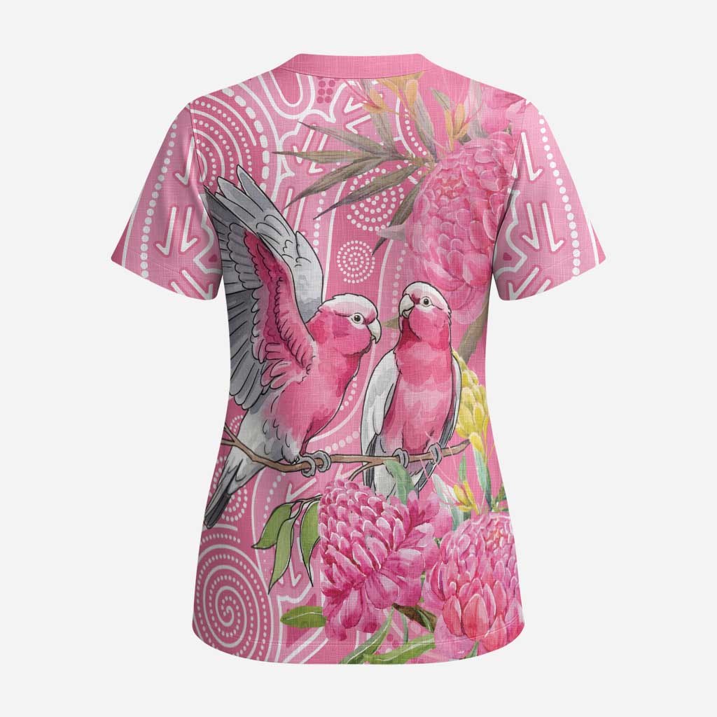 Australia Pink Galah Scrub Top Rose-breasted Cockatoo Waratah Indigenous Art - Aussie Hoodie