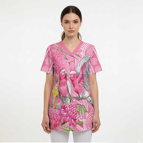 Australia Pink Galah Scrub Top Rose-breasted Cockatoo Waratah Indigenous Art - Aussie Hoodie