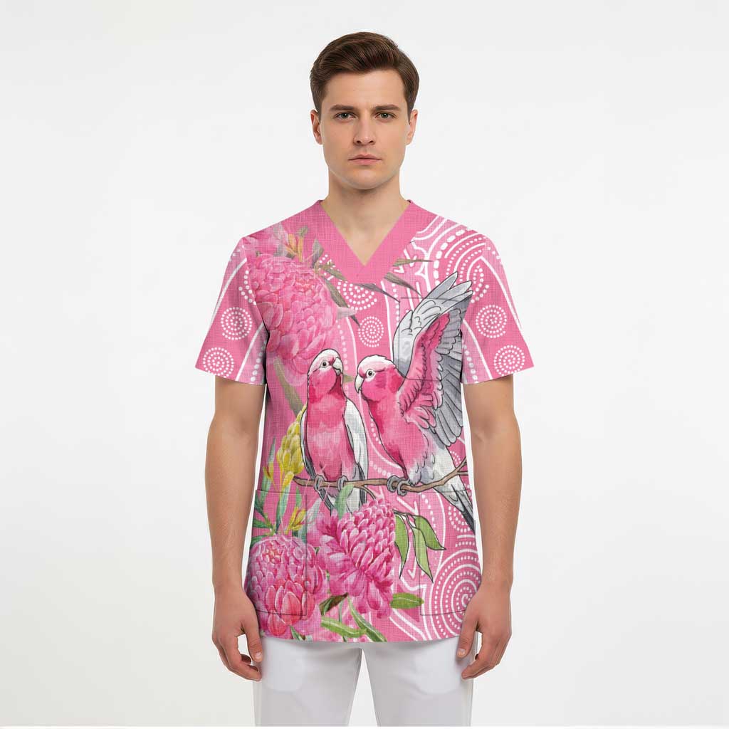 Australia Pink Galah Scrub Top Rose-breasted Cockatoo Waratah Indigenous Art - Aussie Hoodie