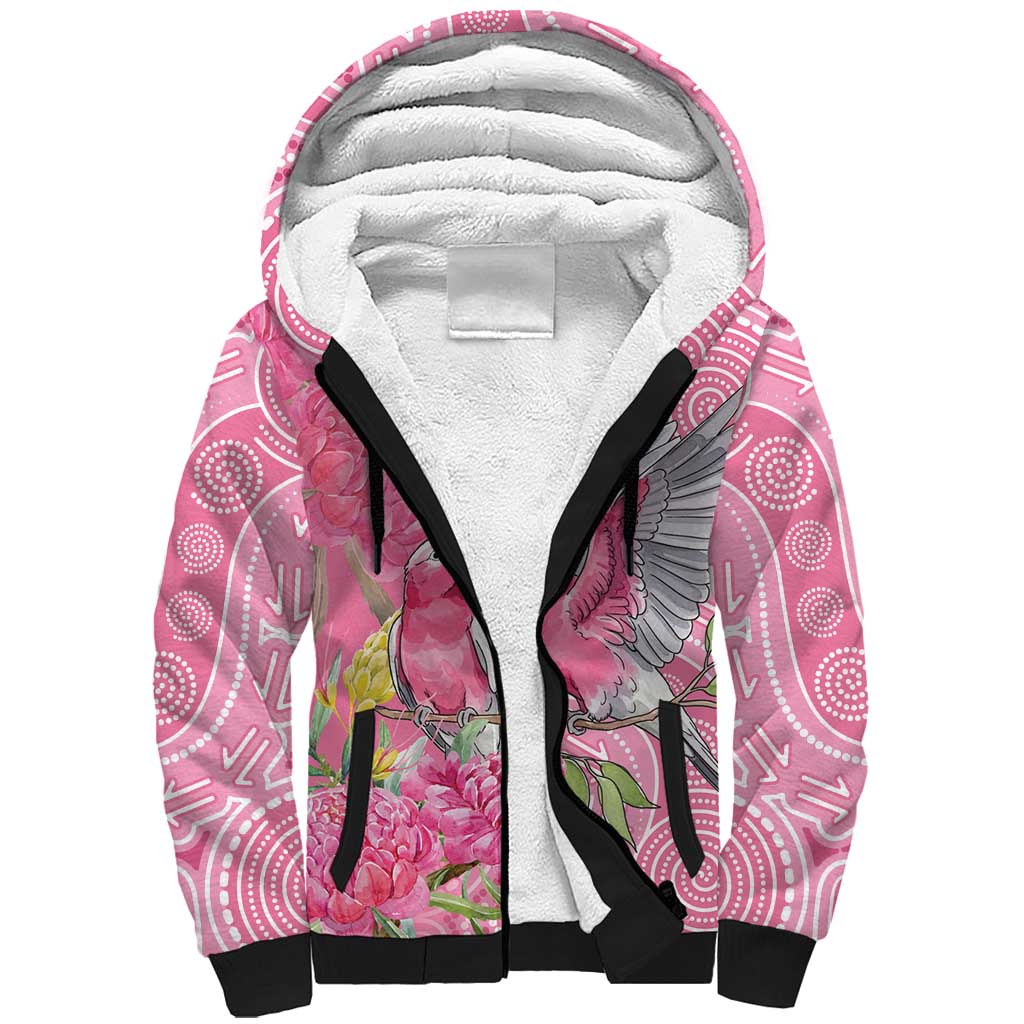 Australia Pink Galah Sherpa Hoodie Rose-breasted Cockatoo Waratah Indigenous Art - Aussie Hoodie