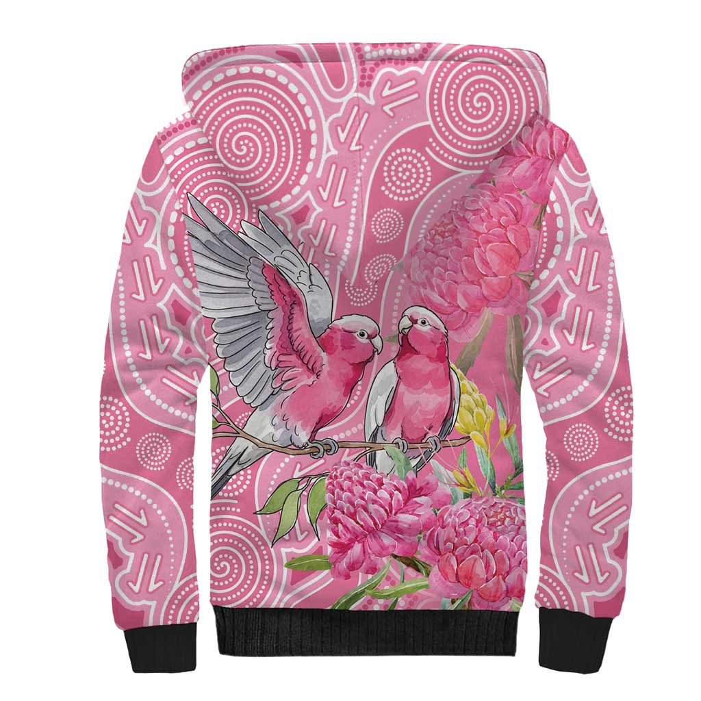 Australia Pink Galah Sherpa Hoodie Rose-breasted Cockatoo Waratah Indigenous Art - Aussie Hoodie