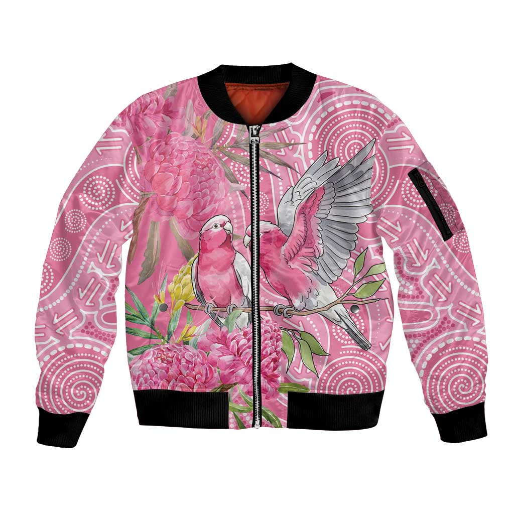Australia Pink Galah Sleeve Zip Bomber Jacket Rose-breasted Cockatoo Waratah Indigenous Art - Aussie Hoodie