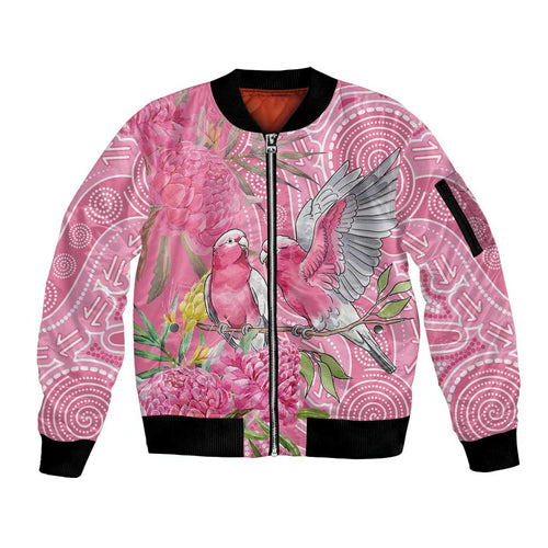 Australia Pink Galah Sleeve Zip Bomber Jacket Rose-breasted Cockatoo Waratah Indigenous Art - Aussie Hoodie