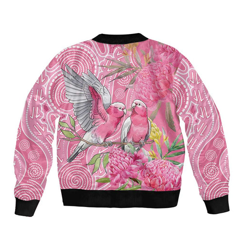 Australia Pink Galah Sleeve Zip Bomber Jacket Rose-breasted Cockatoo Waratah Indigenous Art - Aussie Hoodie