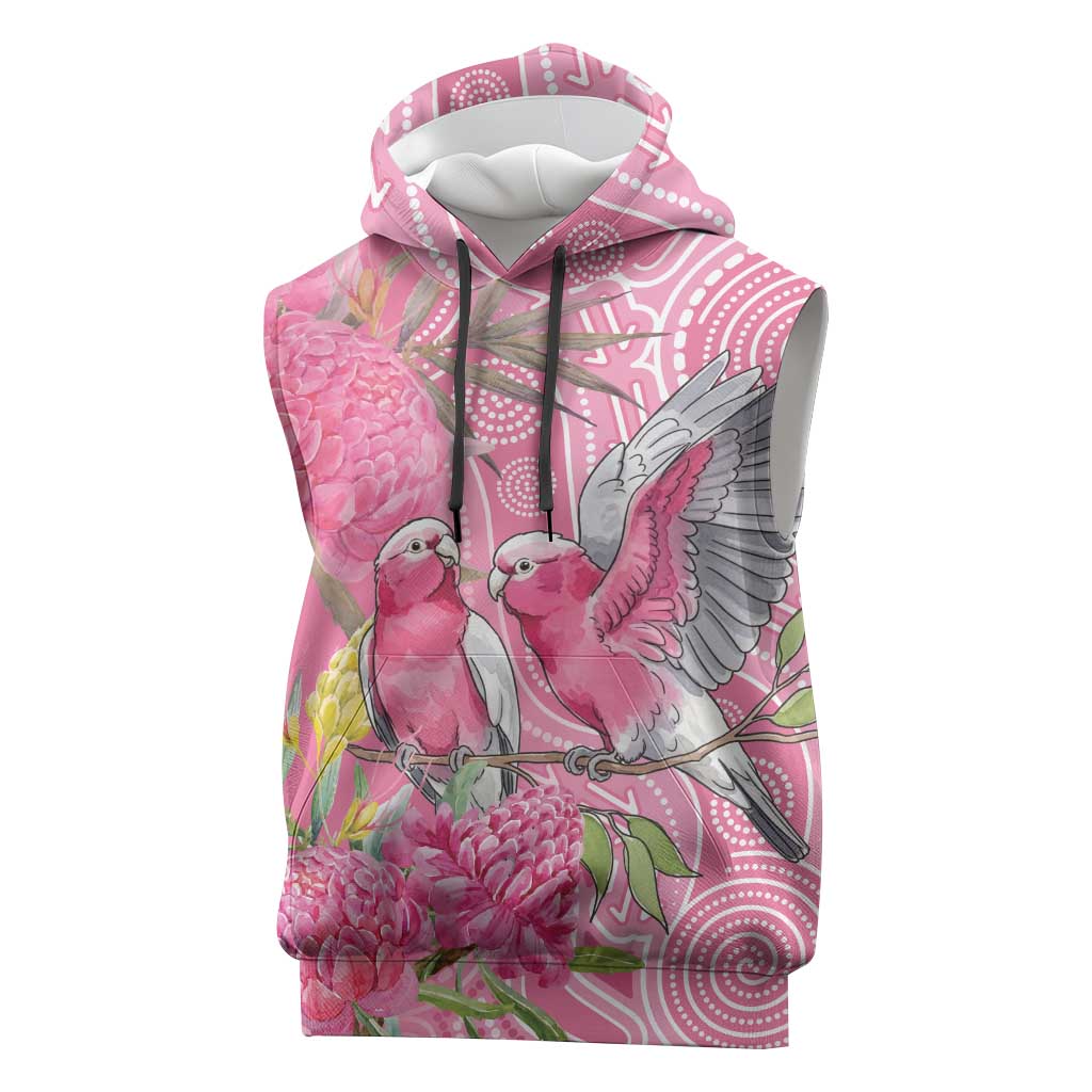 Australia Pink Galah Sleeveless Hoodie Rose-breasted Cockatoo Waratah Indigenous Art - Aussie Hoodie