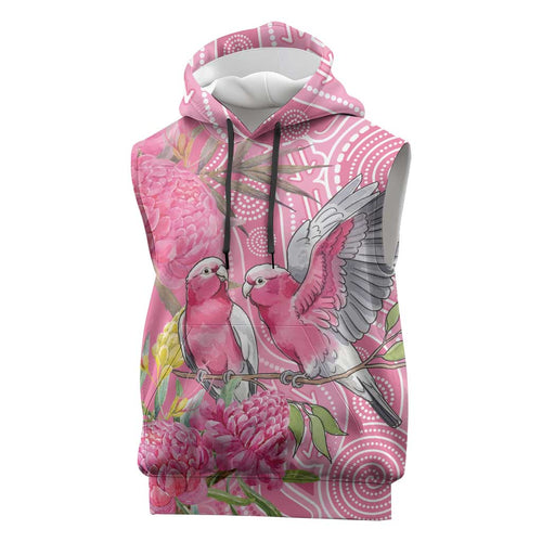 Australia Pink Galah Sleeveless Hoodie Rose-breasted Cockatoo Waratah Indigenous Art - Aussie Hoodie