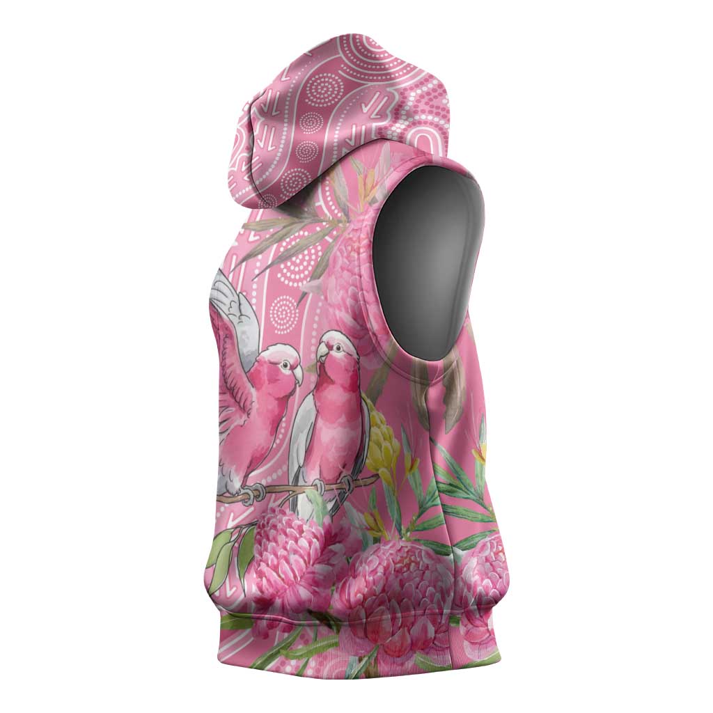 Australia Pink Galah Sleeveless Hoodie Rose-breasted Cockatoo Waratah Indigenous Art - Aussie Hoodie
