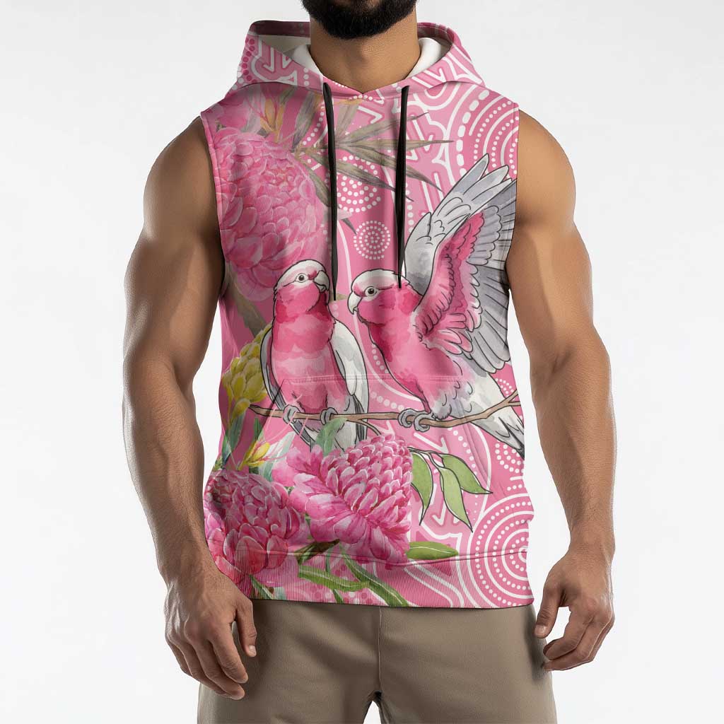 Australia Pink Galah Sleeveless Hoodie Rose-breasted Cockatoo Waratah Indigenous Art - Aussie Hoodie