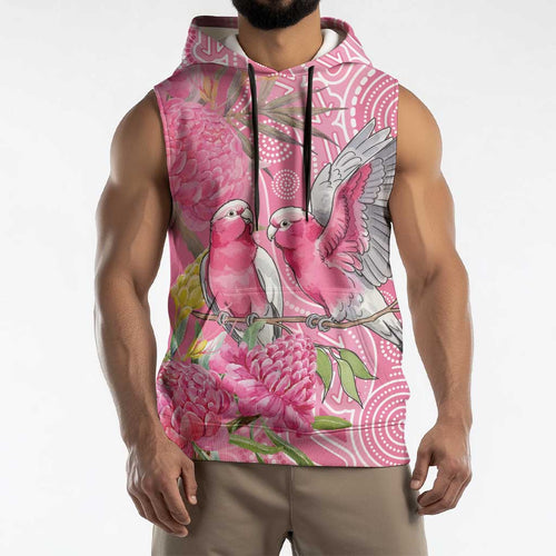 Australia Pink Galah Sleeveless Hoodie Rose-breasted Cockatoo Waratah Indigenous Art - Aussie Hoodie