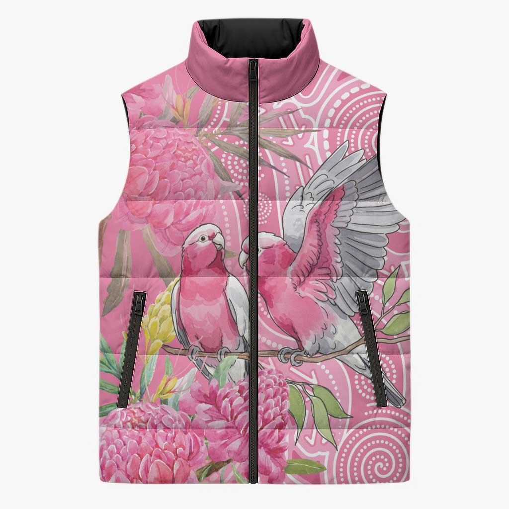 Australia Pink Galah Sleeveless Puffer Jacket Rose-breasted Cockatoo Waratah Indigenous Art - Aussie Hoodie