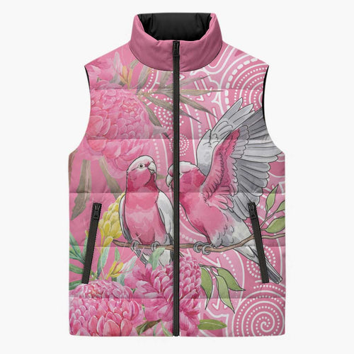 Australia Pink Galah Sleeveless Puffer Jacket Rose-breasted Cockatoo Waratah Indigenous Art - Aussie Hoodie