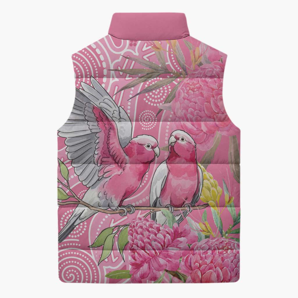 Australia Pink Galah Sleeveless Puffer Jacket Rose-breasted Cockatoo Waratah Indigenous Art - Aussie Hoodie