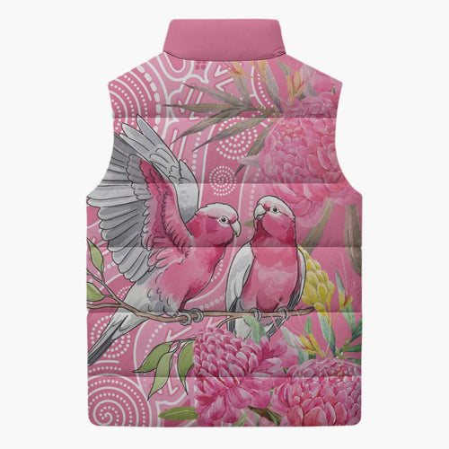 Australia Pink Galah Sleeveless Puffer Jacket Rose-breasted Cockatoo Waratah Indigenous Art - Aussie Hoodie