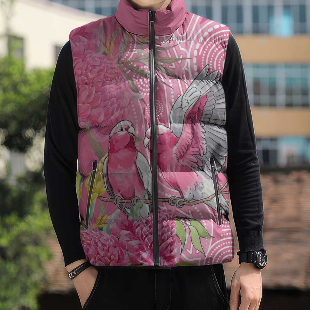 Australia Pink Galah Sleeveless Puffer Jacket Rose-breasted Cockatoo Waratah Indigenous Art - Aussie Hoodie