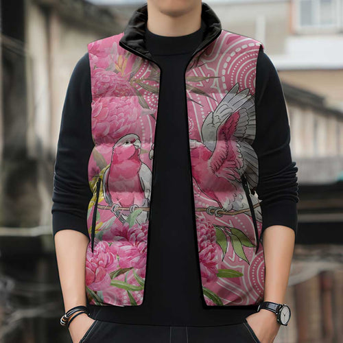 Australia Pink Galah Sleeveless Puffer Jacket Rose-breasted Cockatoo Waratah Indigenous Art - Aussie Hoodie