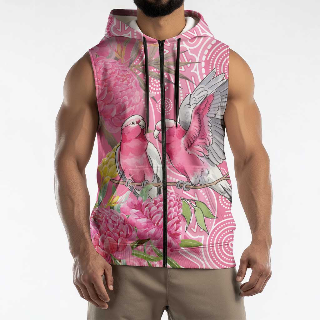 Australia Pink Galah Sleeveless Zip Hoodie Rose-breasted Cockatoo Waratah Indigenous Art - Aussie Hoodie
