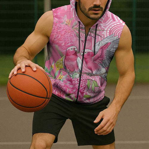 Australia Pink Galah Sleeveless Zip Hoodie Rose-breasted Cockatoo Waratah Indigenous Art - Aussie Hoodie