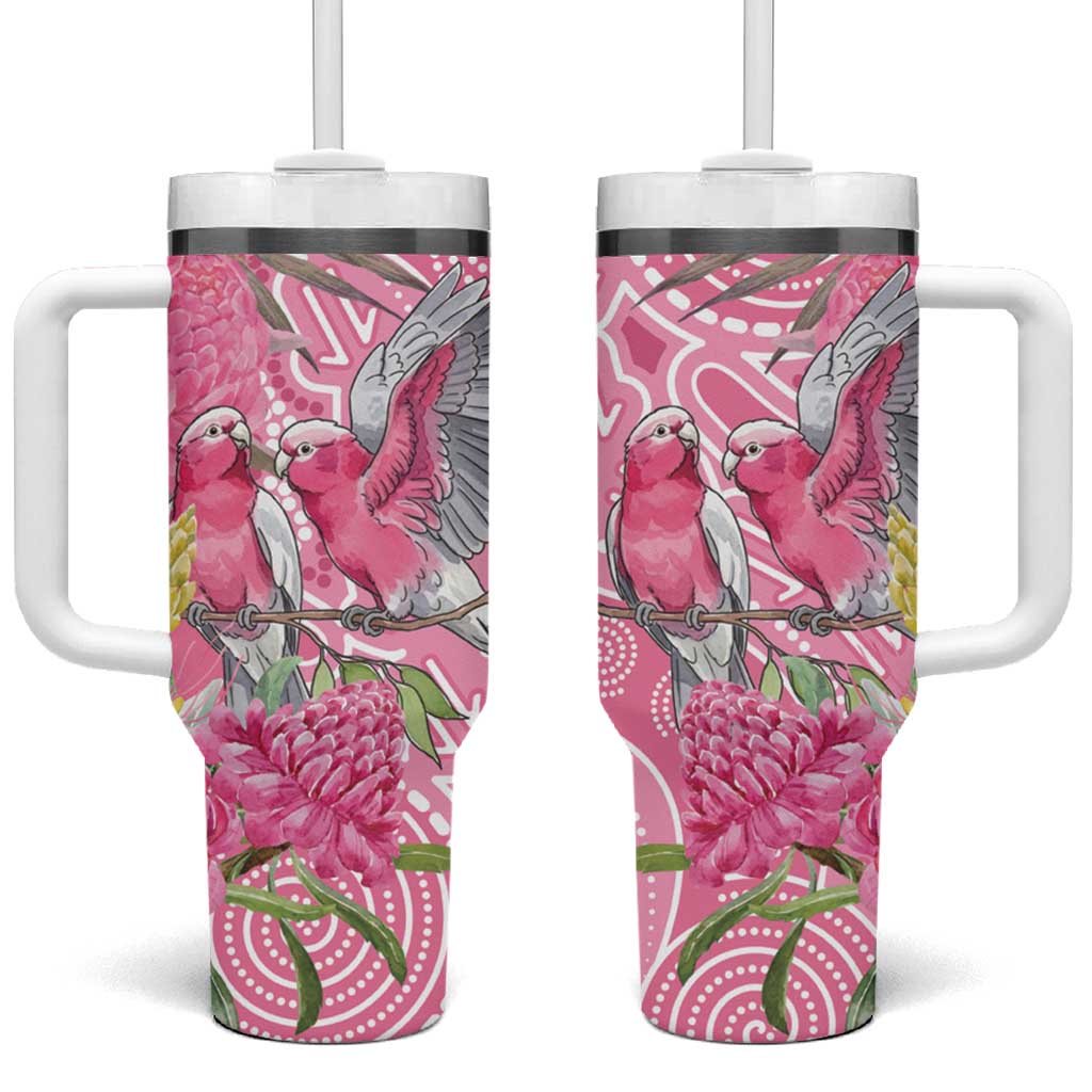 Australia Pink Galah Tumbler With Handle Rose-breasted Cockatoo Waratah Indigenous Art - Aussie Hoodie
