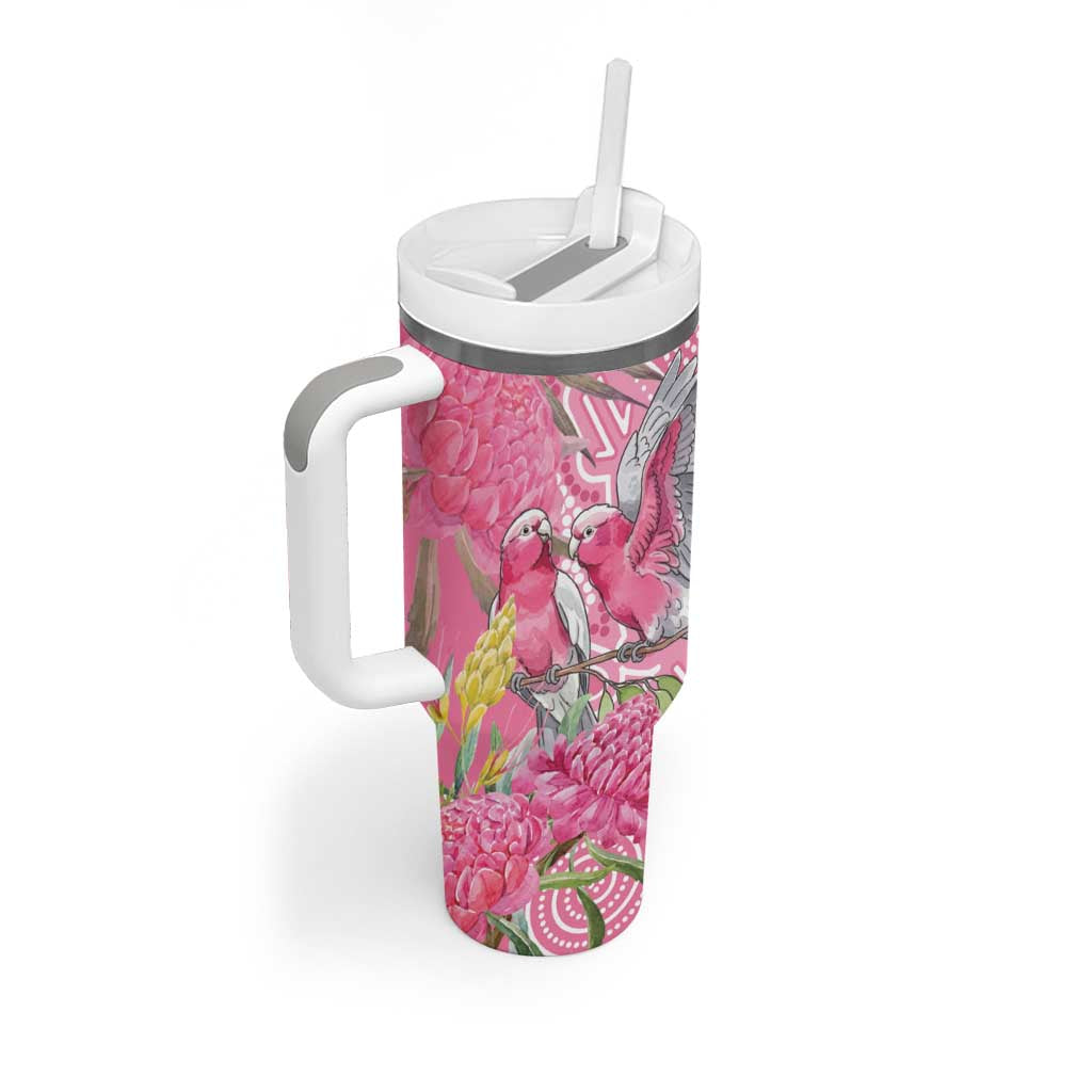 Australia Pink Galah Tumbler With Handle Rose-breasted Cockatoo Waratah Indigenous Art - Aussie Hoodie