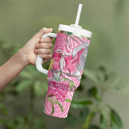 Australia Pink Galah Tumbler With Handle Rose-breasted Cockatoo Waratah Indigenous Art - Aussie Hoodie