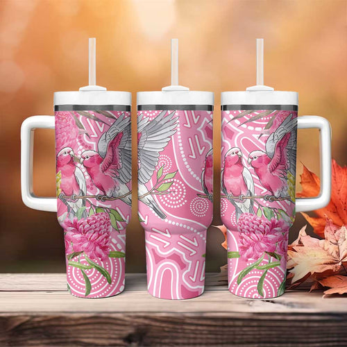 Australia Pink Galah Tumbler With Handle Rose-breasted Cockatoo Waratah Indigenous Art - Aussie Hoodie