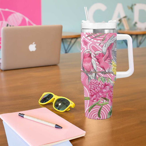Australia Pink Galah Tumbler With Handle Rose-breasted Cockatoo Waratah Indigenous Art - Aussie Hoodie