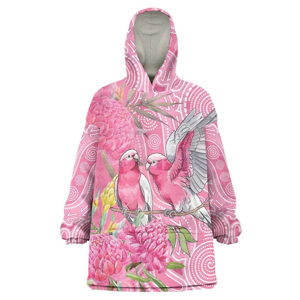 Australia Pink Galah Wearable Blanket Hoodie Rose-breasted Cockatoo Waratah Indigenous Art - Aussie Hoodie