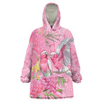 Australia Pink Galah Wearable Blanket Hoodie Rose-breasted Cockatoo Waratah Indigenous Art - Aussie Hoodie