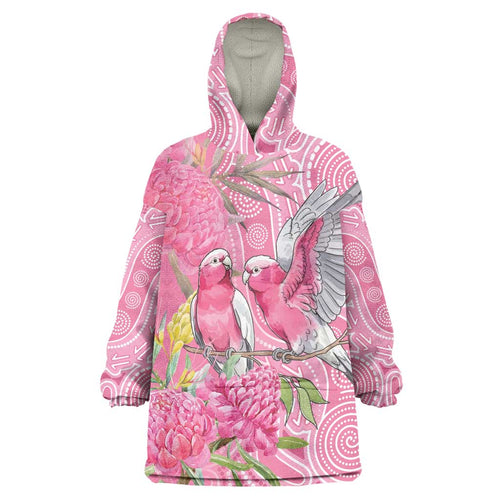 Australia Pink Galah Wearable Blanket Hoodie Rose-breasted Cockatoo Waratah Indigenous Art - Aussie Hoodie