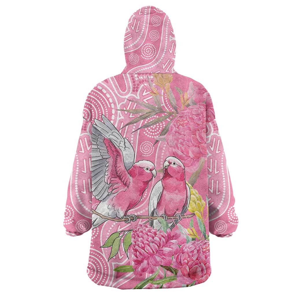 Australia Pink Galah Wearable Blanket Hoodie Rose-breasted Cockatoo Waratah Indigenous Art - Aussie Hoodie