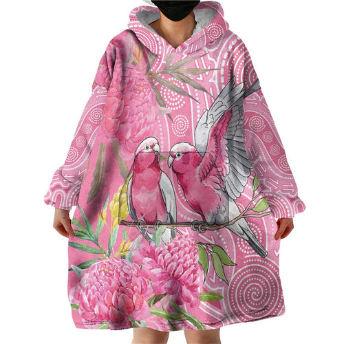 Australia Pink Galah Wearable Blanket Hoodie Rose-breasted Cockatoo Waratah Indigenous Art - Aussie Hoodie