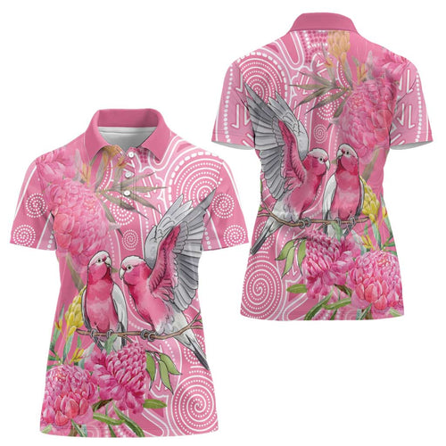 Australia Pink Galah Women Polo Shirt Rose-breasted Cockatoo Waratah Indigenous Art - Aussie Hoodie
