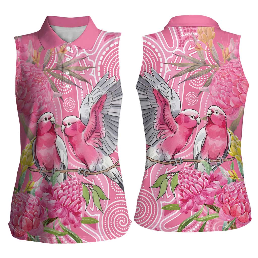 Australia Pink Galah Women Sleeveless Polo Shirt Rose-breasted Cockatoo Waratah Indigenous Art - Aussie Hoodie
