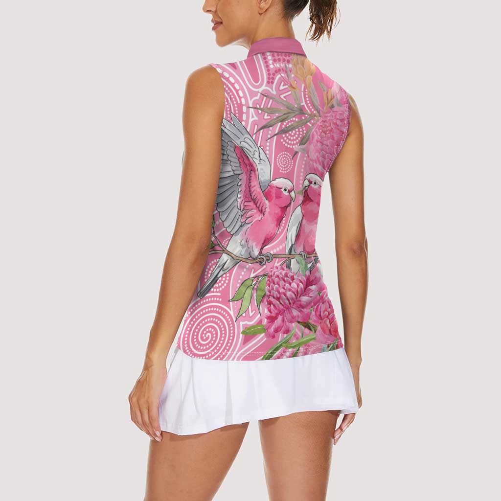 Australia Pink Galah Women Sleeveless Polo Shirt Rose-breasted Cockatoo Waratah Indigenous Art - Aussie Hoodie