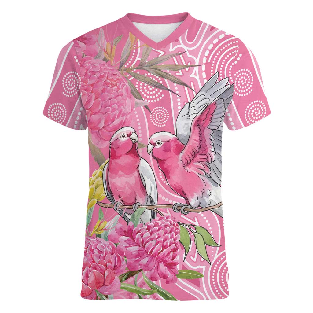Australia Pink Galah Women V-Neck T-Shirt Rose-breasted Cockatoo Waratah Indigenous Art - Aussie Hoodie