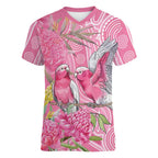 Australia Pink Galah Women V-Neck T-Shirt Rose-breasted Cockatoo Waratah Indigenous Art - Aussie Hoodie
