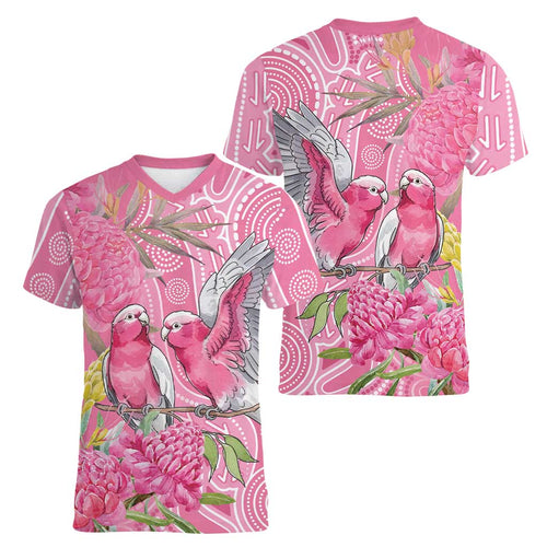 Australia Pink Galah Women V-Neck T-Shirt Rose-breasted Cockatoo Waratah Indigenous Art - Aussie Hoodie