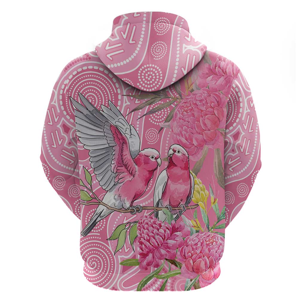 Australia Pink Galah Zip Hoodie Rose-breasted Cockatoo Waratah Indigenous Art - Aussie Hoodie