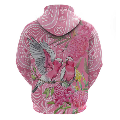 Australia Pink Galah Zip Hoodie Rose-breasted Cockatoo Waratah Indigenous Art - Aussie Hoodie