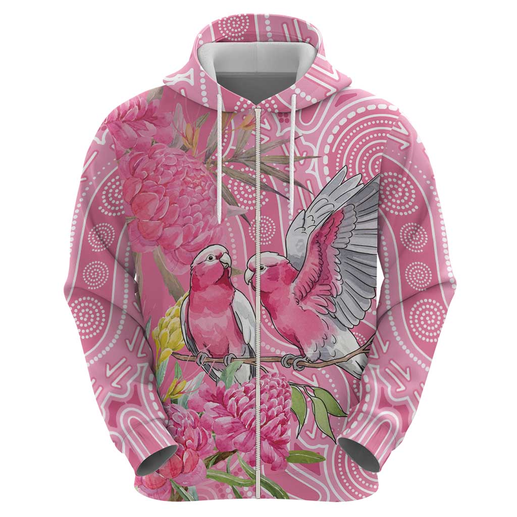 Australia Pink Galah Zip Hoodie Rose-breasted Cockatoo Waratah Indigenous Art - Aussie Hoodie