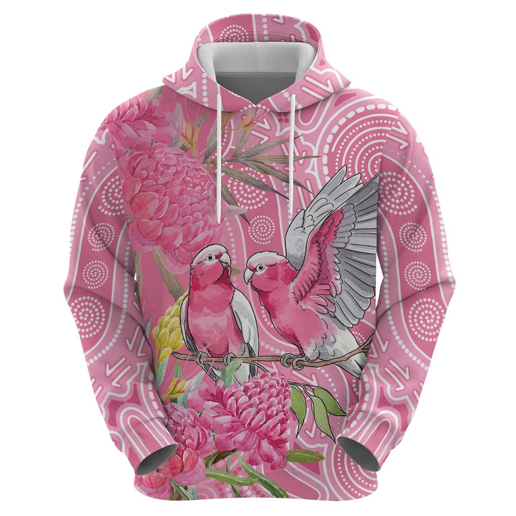Australia Pink Galah Zip Hoodie Rose-breasted Cockatoo Waratah Indigenous Art - Aussie Hoodie