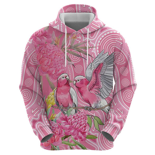 Australia Pink Galah Zip Hoodie Rose-breasted Cockatoo Waratah Indigenous Art - Aussie Hoodie
