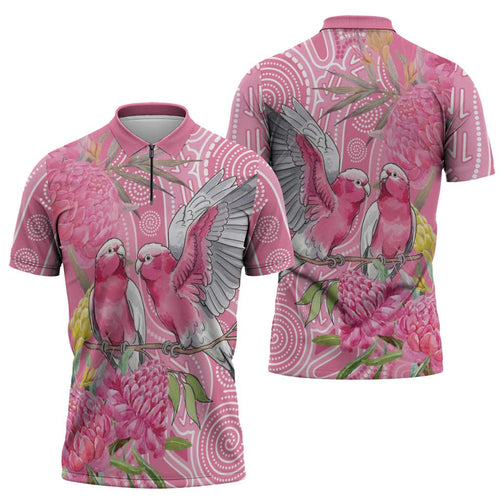 Australia Pink Galah Zipper Polo Shirt Rose-breasted Cockatoo Waratah Indigenous Art - Aussie Hoodie