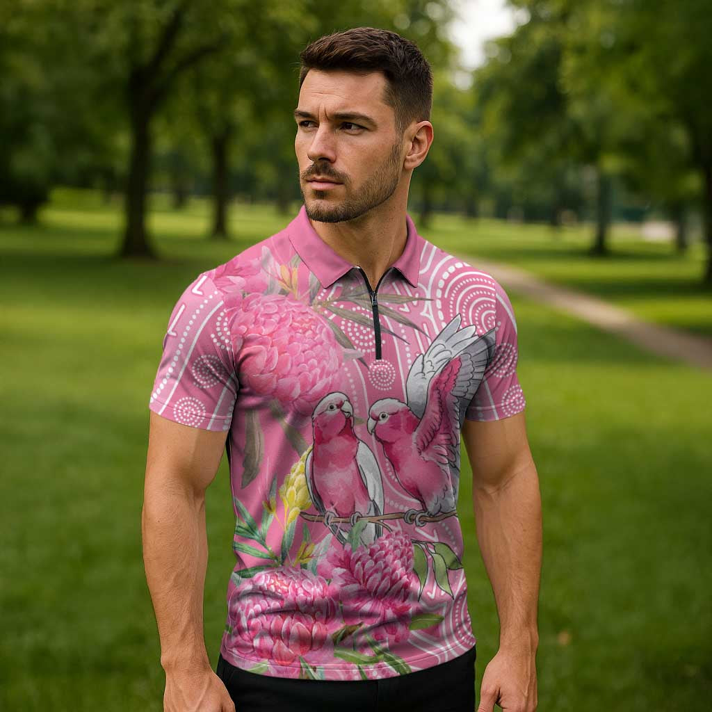 Australia Pink Galah Zipper Polo Shirt Rose-breasted Cockatoo Waratah Indigenous Art - Aussie Hoodie